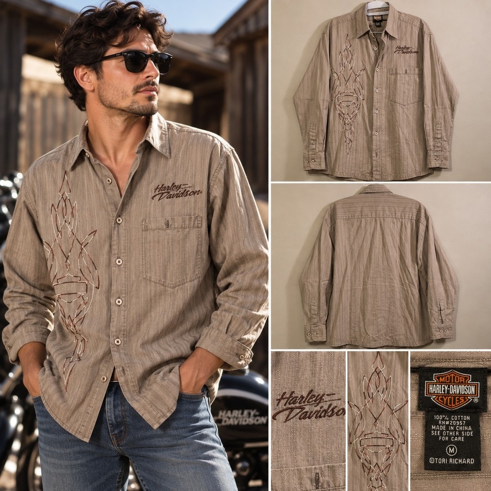 Harley Davidson Men's M Button Up Shirt Tan Pinstripe Embroidered Tribal Cotton